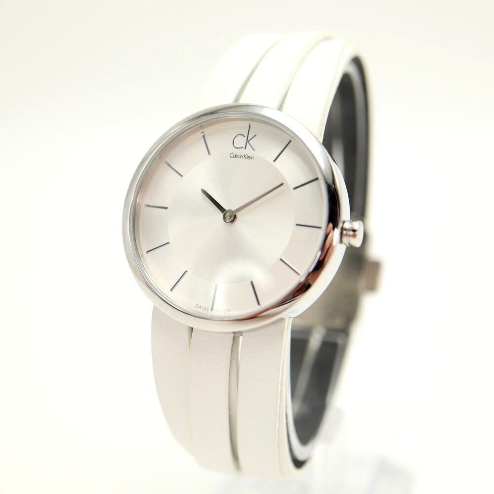 Calvin Klein Swiss Made Silver Tone 32mm Women Watch White Leather w New Battery